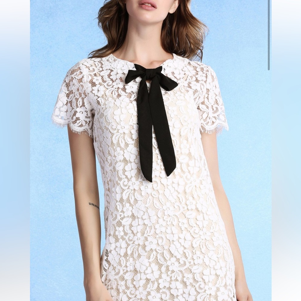 Sandro White Lace Mini Dress with Black Bow
